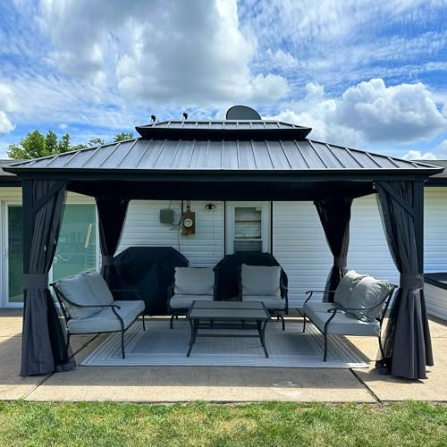 PURPLE LEAF Gazebo da giardino per esterni, 4,25 x 3 m, gazebo in alluminio a doppio tetto rigido in acciaio zincato, Pergola da giardino con tende e zanzariera, per campeggio, feste, barbecue, grigio