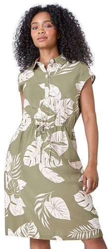 Roman Shirt Dress for Women UK Ladies Short Sleeve Sleeveless Belted Collared Midi Maxi Summer Spring Smart Casual Button Evening Office A Line Swing Skater - Petite Khaki Ivory - Size 10