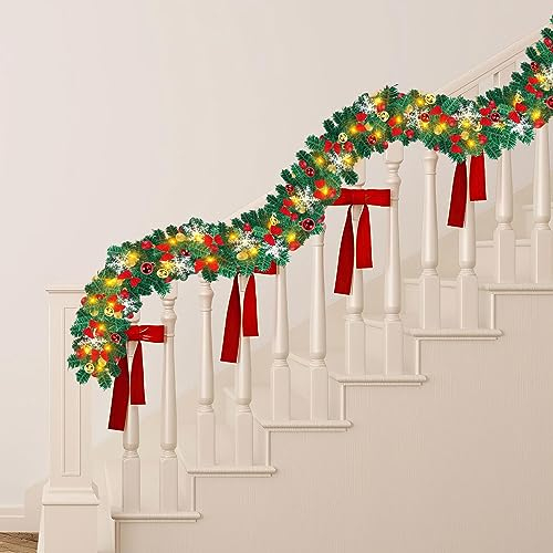 Vigevee Weihnachtsgirlande mit Beleuchtung, 5m Künstlich Tannengirlande mit 100 LEDs Warmweiß Weihnachtskranz inkl. Deko, 8 Modus Girlande Weihnachtsbeleuchtung für Innen und Außen