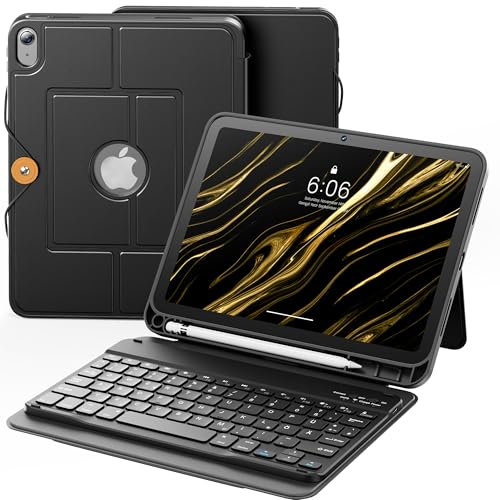 INFILAND für ipad 10 Generation Hülle mit Tastatur (10,9 Zoll 2022), Handschlaufe & Faltbare Ständer, Abnehmbare Magnetische Tastatur ipad 10. Generation, Holzkohle