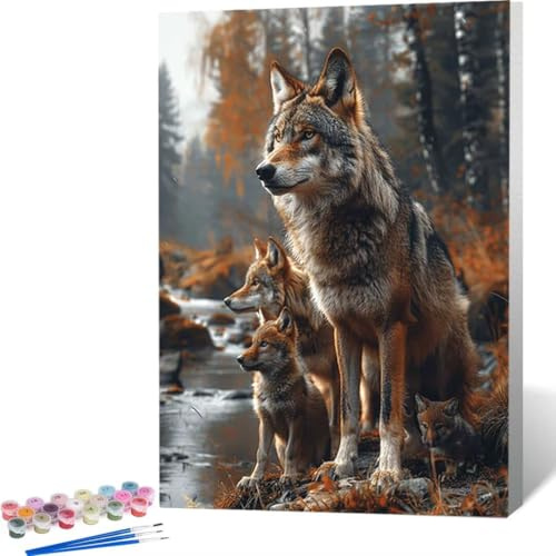 Peinture par Numéros pour Adultes, Peinture par Numero 40x50cm Acryliques Peintures Numéros Adultes Débutants Enfants Pinceaux Paint by Numbers Kit Peinture Numero pour Enfants Adultes ForêT Loup 4-R