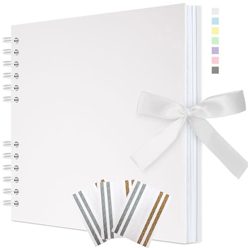 Remowith 29 x 21,5 cm Scrapbook-Album mit Band, Bastelpapier Fotoalbum für Hochzeit und Jubiläum, Familien DIY Fotoalbum mit Eckenaufklebern 40 Seiten Weiß