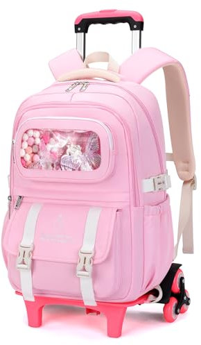 Amythe Schulranzen mit Rollen für Mädchen, Schultrolley Mädchen mit 6 Rädern, DIY Schultasche für Grund- & Sekundarschüler, Abnehmbar Trolley Schulrucksack für Reise, Rosa