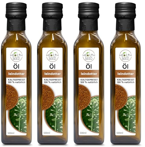 Health Seed® 4 x 500 ml / 2 litres – Huile de caméline non filtrée – Bouteille en verre 100 % pure pressée à froid – Fraîcheur du fabricant