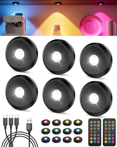 Colour Changing Rechargeable Under Cabinet Lights, Black 2400mAh Battery Wireless LED Puck Lights with Remote and USB Charge Touch Spotlights Magnetic Stick On Spot Lights for Kitchen Cupboard Shelf