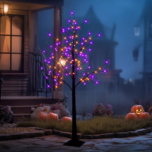 TW SHINE 1,8 m Halloween beleuchteter schwarzer Birkenbaum, 144 LEDs, lila und orange Lichter, künstlicher gruseliger Baum mit Timer, wasserdichte Halloween-Dekoration für drinnen und draußen