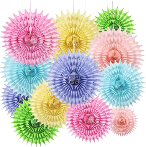 Yuelulala 12PCS Paper Fans Colorful Rainbow Pastel Party Decorations Tissue Paper Flowers Decorations for Girl Birthday Wedding Bachelorette Room Wall Hanging Décor Mother's Day Summer Party (A140-12)
