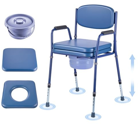 VEVOR Bedside Commode Chair, 181 kg Weight Capacity, 3-in-1 Portable Toilet and Raised Toilet Seat with Padded Seat and Backrest, Detachable 5L Bucket, Adjustable Height Adult Potty Chair for Seniors