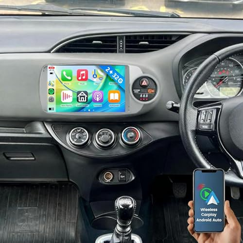 Surakey Android 13 Car Stereo for Toyota Yaris 2012 2013 2014 2015 2016 2017 Wireless CarPlay Android Auto 9in Touchscreen Car Radio GPS Bluetooth WiFi Fm SWC Split Screen + AHD Backup Camera, 2+32G