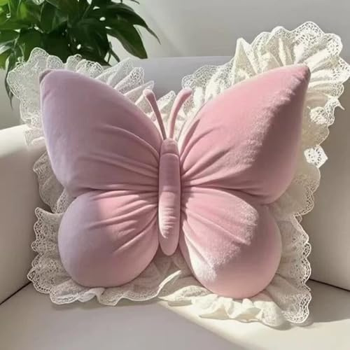 TROYSINC Schmetterling Kissen Mit Spitzenbordüre, Schmetterlingsförmiges Wurfkissen,Schmetterling Plüsch Kissen,Aesthetic Kuschelkissen Kinder, Weiche Dekokissen Zierkissen Deko für Wohnzimmer (Rosa)