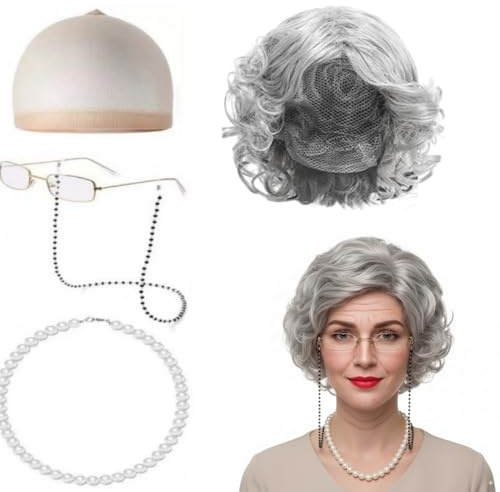 EYWILYWI 5 Teiliges Kostüm Set für alte Dame,Kurze lockige graue Perücke, Perückenhaube,künstliche Perlenkette,Brillenkette und Paar Brillen für Cosplay, Halloween und Kostümpartys (Grau)