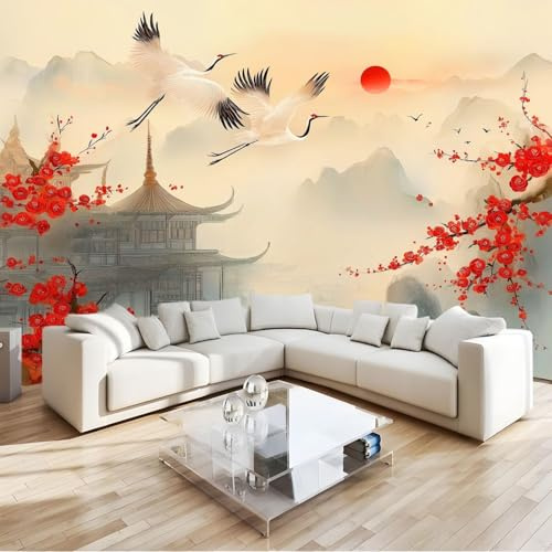 Tapete Chinesischer Stil 200 x 140 cm, Architektur Blumen Weiße Kraniche Mustertapete Tapeten Grau Fototapete, Klebefolie Muster Möbelfolie Selbstklebend für Schlafzimmer Wohnzimmer Küche