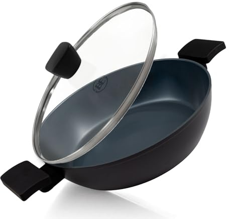 BE Living Poêle Sauteuse avec Couvercle - Ø 28 cm, Bord Haut, Revêtement Céramique Antiadhésif, Induction, Sans PTFE et PFOA, Noir