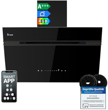 KKT KOLBE Dunstabzugshaube Wandhaube AURORA8005FB, 80 cm kopffrei | 782 cbm/h, Abluft und Umluft, schwarzes Glas, SensorTouch-Bedienung, RGBW-LED-Beleuchtung, Smart-WiFi-App, WLAN