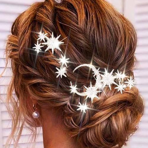 Fashband Stern-Mond-Braut-Haarnadeln, Kristall-Brauthaarschmuck, Strass-Göttinnen-Haaraccessoires für Frauen (5er-Pack) (Silber)