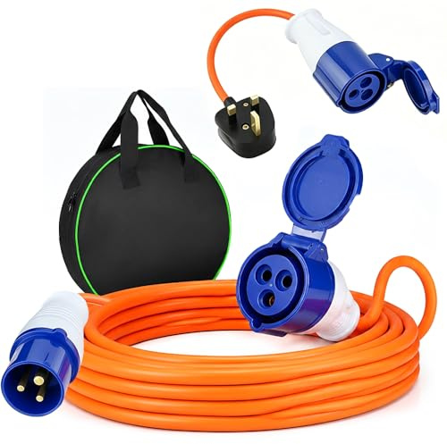 10m Caravan Hook Up Cable, 240V 16A Camping Electric Hook Up Cable with 3 Pin Fly Lead Converter and Carrying Bag, IP44 Waterproof Extension Lead for Motorhomes Campervans
