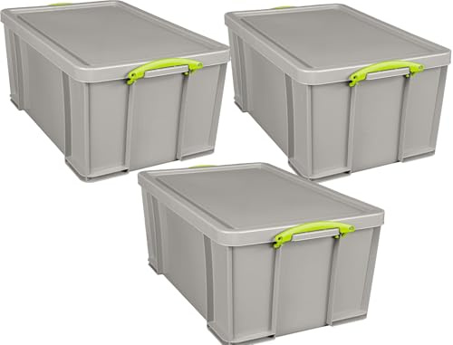 Really Useful Box Plastic Storage 84 Litre Recycled Dove Grey pack of 3
