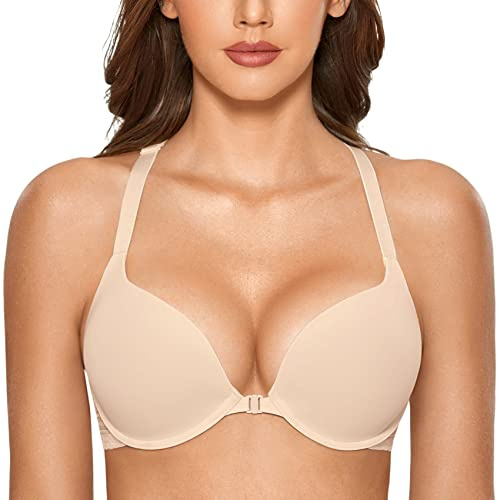 DOBREVA Women's Push Up Bra Front Fastening Bras T Shirt Racer Back Padded Underwired Plunge Bra Beige 34A