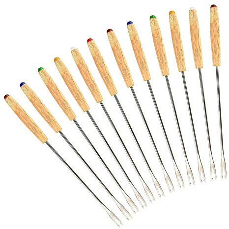 GuDoQi Fonduegabeln Edelstahl, 12 Stück, Bratstangen Marshmallow, Hitzebeständiger Holzgriff, Käsegabeln für Frucht, Schokoladen, Fondue, Braten (24cm)