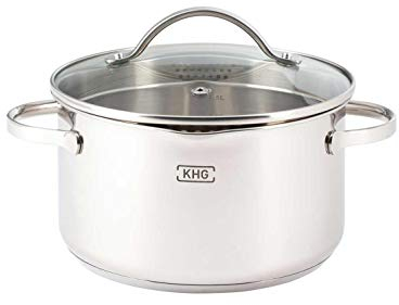KHG Induktion Kochtopf | Ø 20 cm und 3 Liter Volumen | Suppentopf, Fleischtopf aus rostfreiem Edelstahl | Topf inkl. Glasdeckel mit Sieb | Innenskala, Ausguss