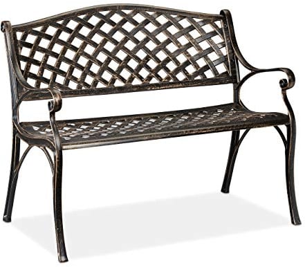 Relaxdays Gartenbank, Garten & Balkon, 2-Sitzer, antikes Design, Aluminium Sitzbank, HBT: 82x102x60 cm, schwarz-bronze