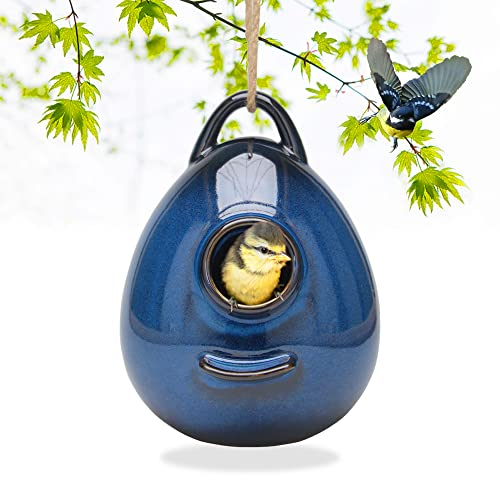 Kimdio Vogelhaus Keramik hängende Vogelhäuser Vogelhütte zum Aufhängen Outdoor Vogelhaus für Wildvögel, Finken, Kardinal und Bluebird - Blau