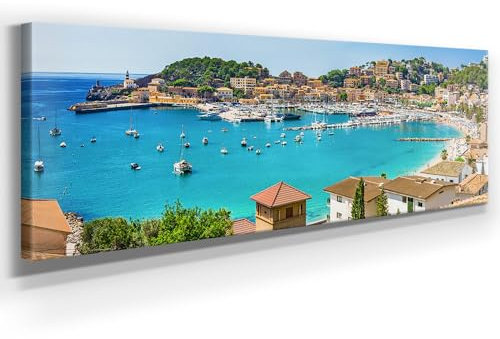 Panorama Leinwand, Port de Soller, Mallorca - als 150x50cm großes XXL Leinwandbild. Wandbild als Hintergrund und Deko für Wohnzimmer & Schlafzimmer. Aufgespannt auf 2cm Holzrahmen
