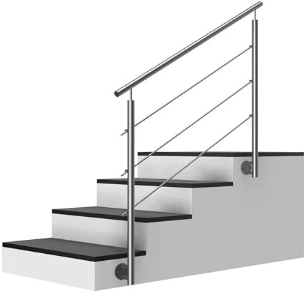 Edelstahl Treppengeländer/Außengeländer, 1,3m lang, 0,9m hoch, Seitenmontage, je 2 Pfosten + Handlauf mit Kugelring + 3 Querstäbe + Zubehör, Winkelverstellbar (L:1300mm H:900mm)