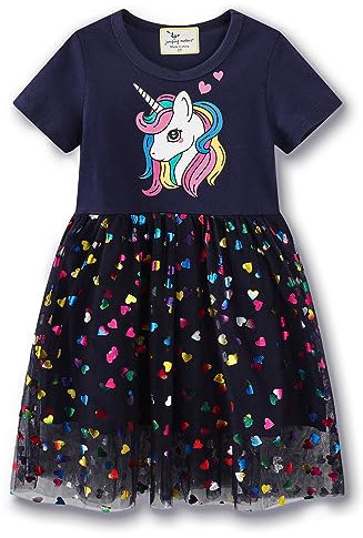 Vestito Unicorno Principessa Bambina • Cotone 4-5 Anni (100-110cm) • Abito Bimba Ricamo Floral Striscia Cartoon Animale Casuale • Manica Lunga & Corta T-Shirt