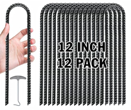 Gtongoko 12 Pack Trampoline Stakes, Trampoline Accessories, 12 Inch Ground Stakes Heavy Duty, Ground Anchors Screw in, Rebar Stakes, High Wind Tent Anchors, Galvanized Steel, U Shaped, Black