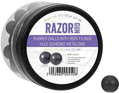 RazorGun 68 Kaliber Schaft mit 20 Gummi-Metall-Kugeln (.68) für Paintball und Luftgewehre.
