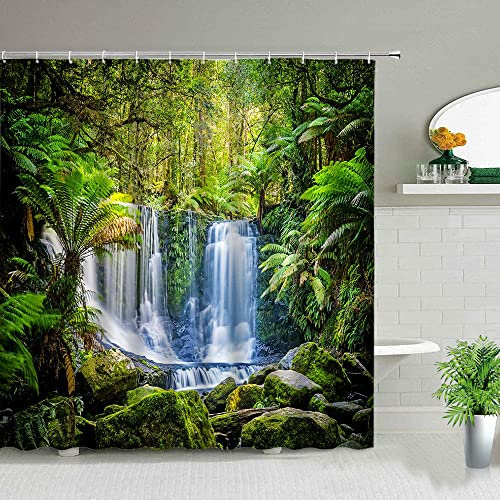 Landscape Forest Waterfall Shower Curtain Waterproof Fabric Print Scenery Bathroom Screen Garden Background Wall Decor Curtains -W165xH200cm