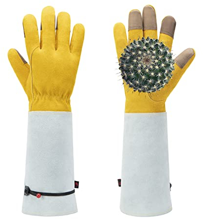 Gmjay Leder Handschuhe mit Extra Langem Unterarm Schaft Arbeitshandschuhe Verstellbarer Handgelenk Gartenhandschuhe Dornensichere und Stichfeste,XL
