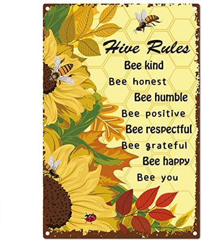 CREATCABIN Honey Bee Metal Sign Tin Plate Bee Kind Honest Humble Positive Respectful Grateful Happy Signs Vintage Animals Retro Plaque Poster for Restroom Bathroom Hotel Wall Decor, 8x12Inch