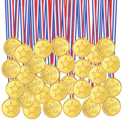 30 PCS Gold Plastic Winners Medals, Strong Quality Medals for Children | Kids Children's Party Award Medals with Neck Ribbons for Party Festival Sports Day Star Classroom Awards