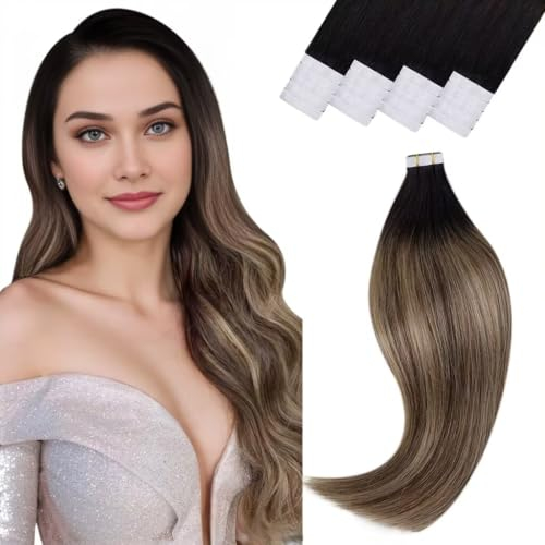 Vivien Echthaar Extensions Tape Schwarz Balayage Tape Echthaar Extensions Ombre Schwarz bis Mittelbraun und Honigblond 35cm 20Pcs 50g