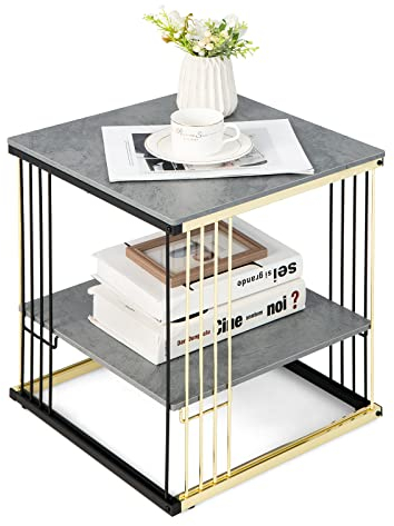 LIFEZEAL Beistelltisch Marmor, Quadratischer Sofatisch mit Regal, Couchtisch Wohnzimmertisch aus Metallrahmen, Nachttisch im industriell Stil für Schlafzimmer, Wohnzimmer, Büro, 39x39x45cm