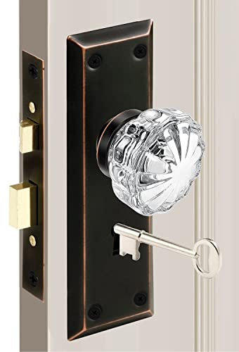 MaxxGeek Antique Door Knob for Interior Doors, Mortise Keyed Lock Set with Fluted Glass Knobs and Skeleton Keys, Oil Rubbed Bronze