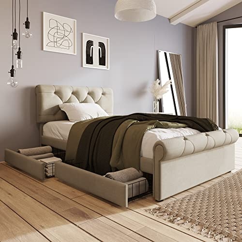 Kayan Bettgestell mit 2 Schubladen, Doppelbett Polsterbett 90x200cm, Höhenverstellbarem Kopfteil, Chesterfield Funktionsbett, Natürlich (90x200cm)