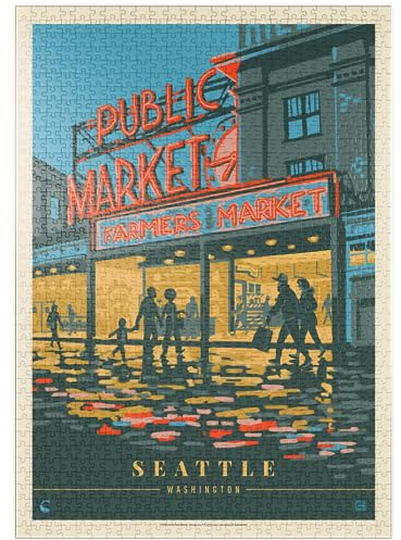 MyPuzzle USA-Seattle, WA: Morning at The Market, Vintage Poster - Premium 1000 Teile Puzzle - MyPuzzle Sonderkollektion von Anderson Design Group