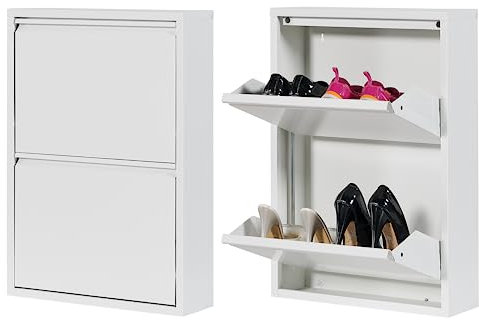 Atahome Slim Shoe Cabinet Narrow Shoe Storage Cabinet for hallway wall mounted thin flip down Tall Metal Shoe Rack Storage Organiser Shoe cupboard Indoor Olympos 2-Drawer (White)