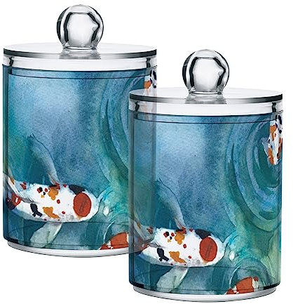 CHIFIGNO 4 Pack Qtip Holder Dispenser 10 Oz Apothecary Jars Fish Japanese Style Clear Bathroom Storage Containers for Cotton Ball, Swab, Floss, Makeup Sponges, Hair Clip
