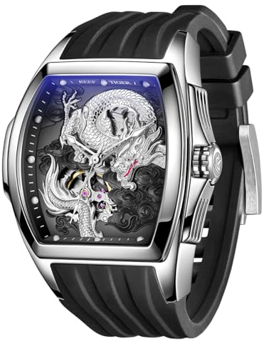 REEF TIGER Herren-Luxus-Tonneau-Skelett-mechanische Automatikuhr mit Automatikaufzug, leuchtendes Drachenzifferblatt, wasserdichte Armbanduhr RGA3061 (RGA3061-YSB)