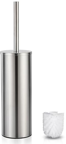 Gricol Cepillo de Inodoro Escobilla WC Escobillas de Baño Negra con Recipiente de Acero con Protector contra Salpicaduras para Manos Cepillo de Inodoro con un Cepillo de Reemplazo, Níquel Fresado