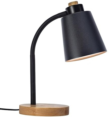 FORLIGHT Pau Lámpara de Escritorio de Estilo Nórdico. Flexo de Escritorio E27 de Acero Negro y Madera Clara Natural