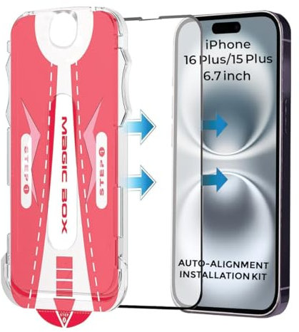DN-Technology Screen Protector For Apple iPhone 16 Plus / 15 Plus (6.7'') Tempered Glass Cover Easy Installation with Auto-Alignment Tool Kit Full Coverage Case Friendly Guard (BLACK)