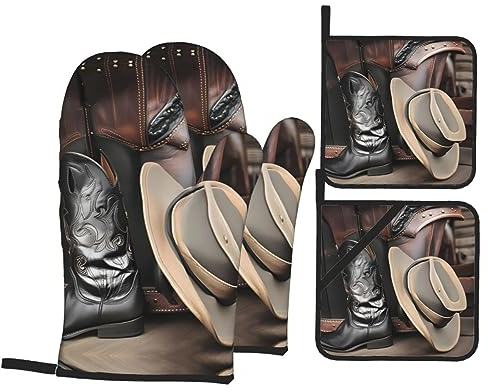YYHHAOFA Set di quattro pezzi con cappello da cowboy, stivali western, guanti da forno isolati e presine per una protezione antiscottatura spessa e durevole