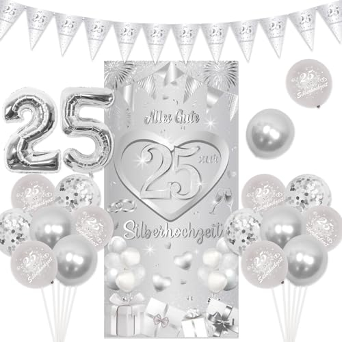 Decoración de aniversario de boda de plata, decoración de aniversario de boda número 25, pancarta de fondo y globos de 25 aniversario de boda, banderines plateados, globo número 25 para decoración de