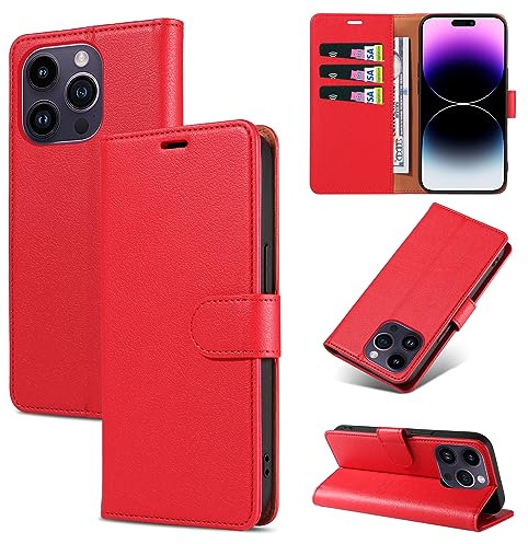 KKEIKO Coque pour iPhone 14 Pro Max, Antichoc Magnetique Étui à Rabat avec Porte Cartes, Portefeuille Housse en Cuir PU Coque pour iPhone 14 Pro Max, Rouge