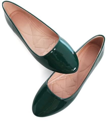 SAILING LU Women's Pointy Toe Ballet Flats Comfortable Solid Flat Shoes for Women Work Slip-On Moccasins, 247-patent Leather-green, 6 UK